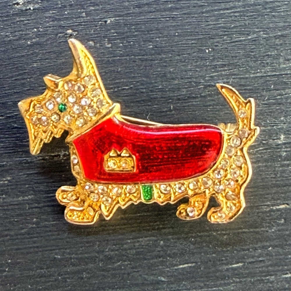 Scottie Dog Brooch Red Enamel Rhinestone Goldish Tone Scottish Terrier Pin